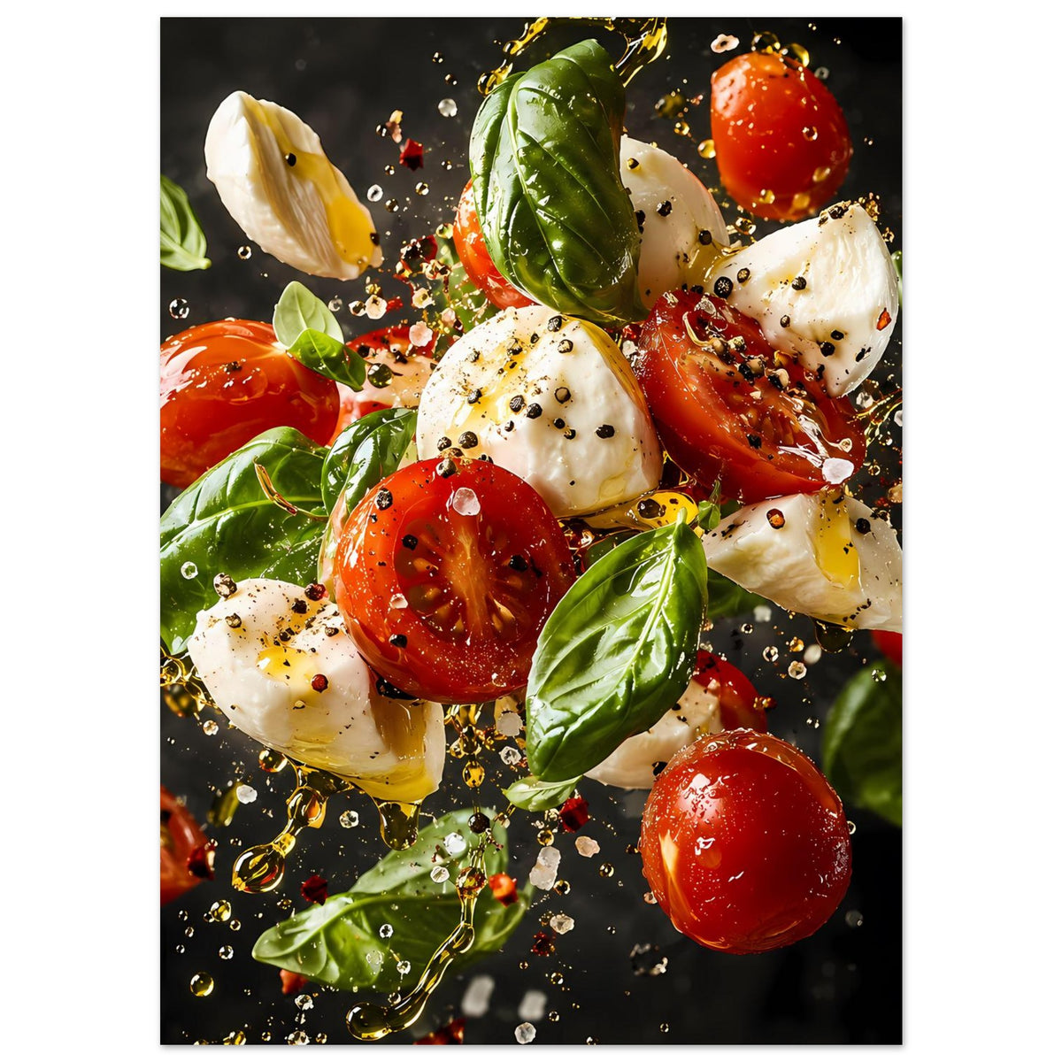 Caprese-Salat-Artposter im Hochformat: rote Tomaten, weiße Mozzarella, grünes Basilikum