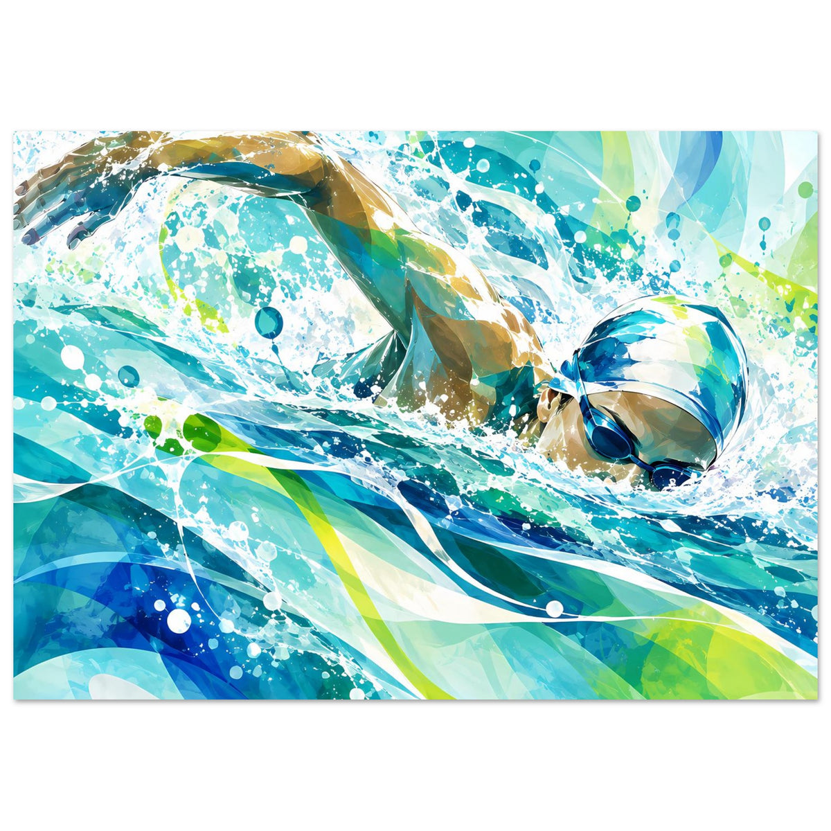Querformat-Poster: abstrakter Schwimmer mit Blasen und Spritzern in Blau-Grün