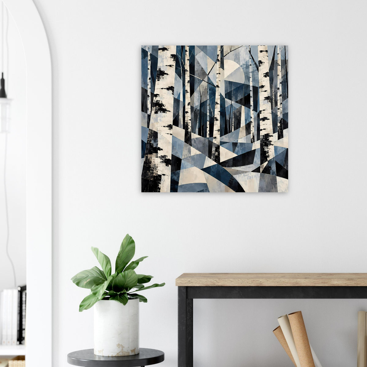 Abstraktes Birkenwaldposter in Blau mit klaren Winkel- und Linienformen