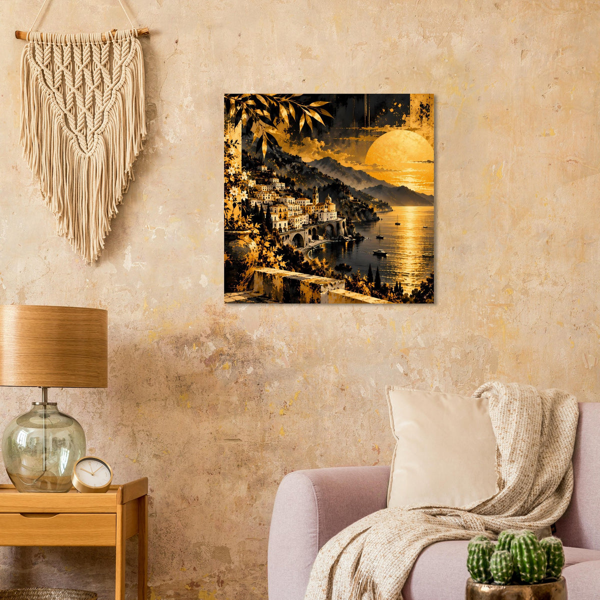 Quadratisches Poster mit Küstendorf-Tal, goldener Sonne am Horizont und Meer bei Sonnenuntergang