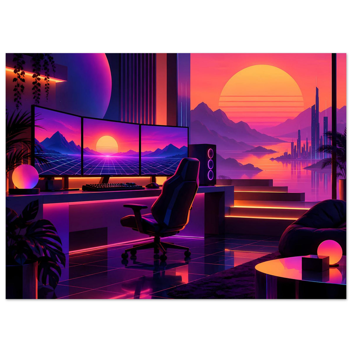 Neon-Retro-Poster mit futuristischer Terrasse, Sessel und spiegelndem Boden