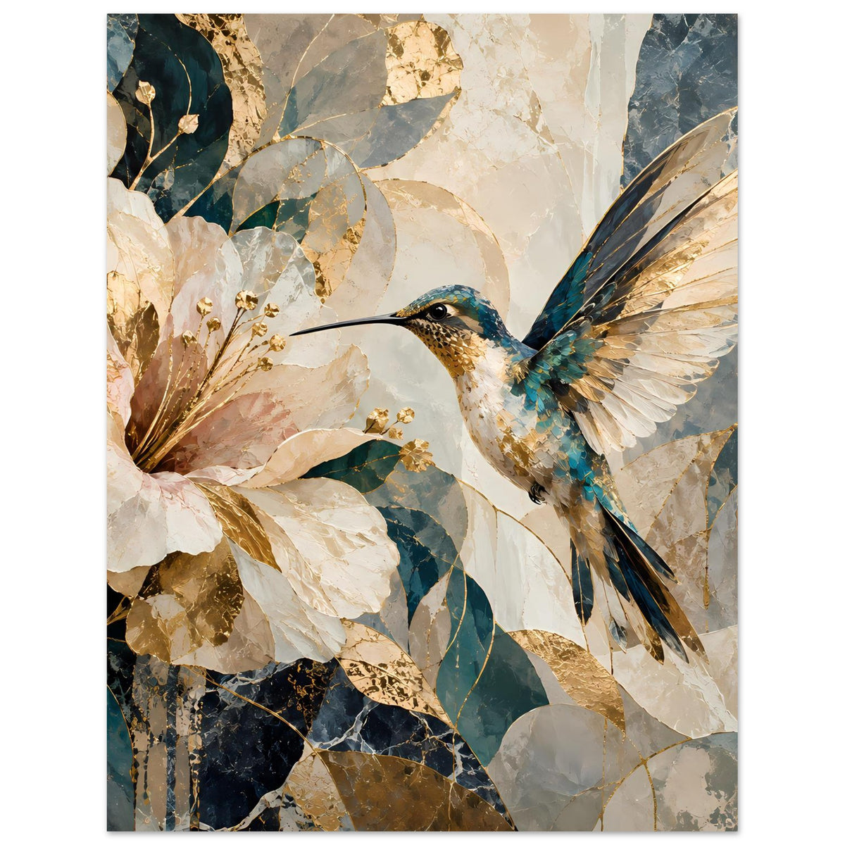 Vertikales Kunstposter mit Kolibri neben großer Blüte, Beige und Blautöne