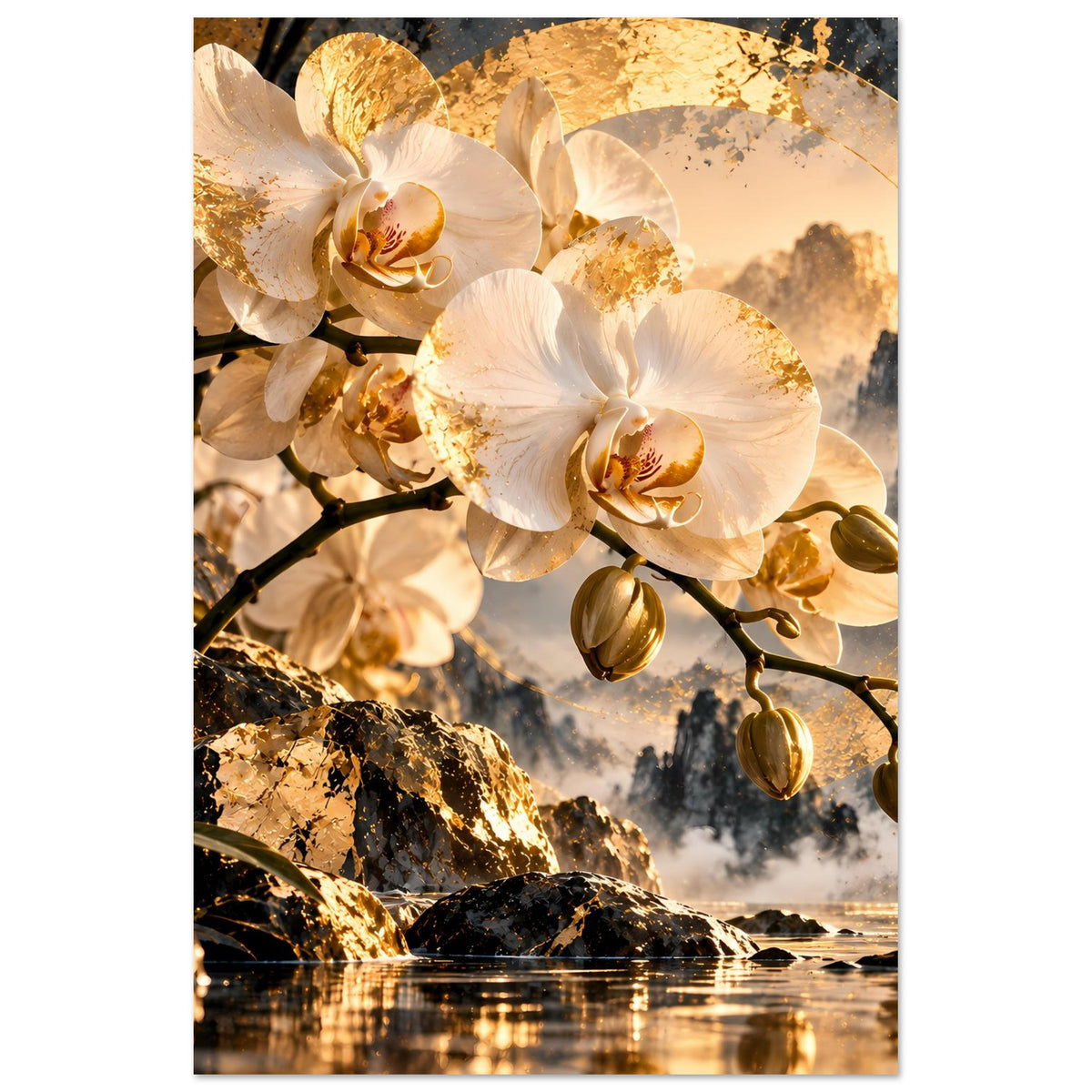 Vertikales Orchideenposter: weiße Blüten mit goldenen Sprenkeln und dunklen Zweigen, mit Wasserlinie