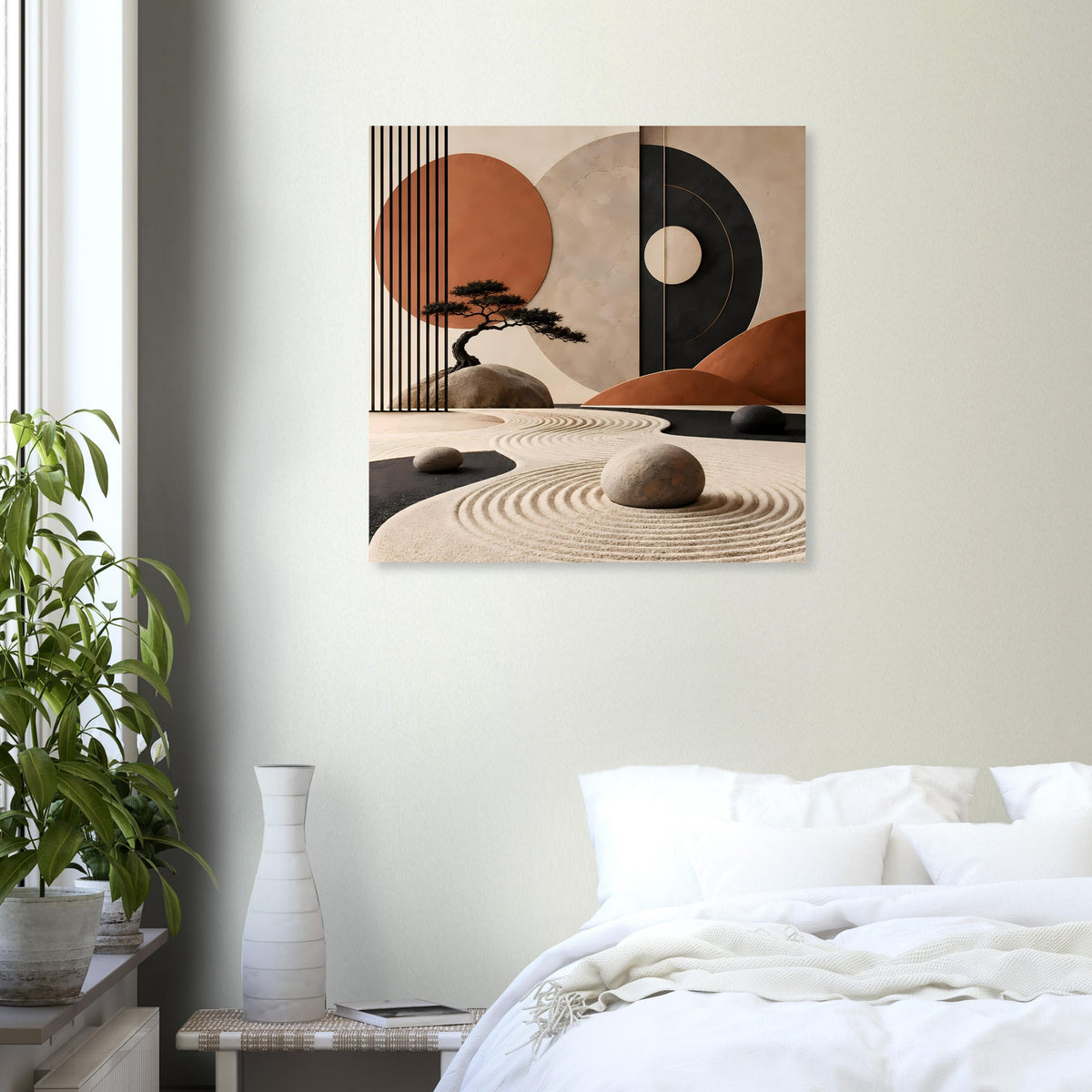 Quadratisches abstraktes Poster mit schwarzer Schallplatte, orangefarbenem Kreis und beigen Wellen