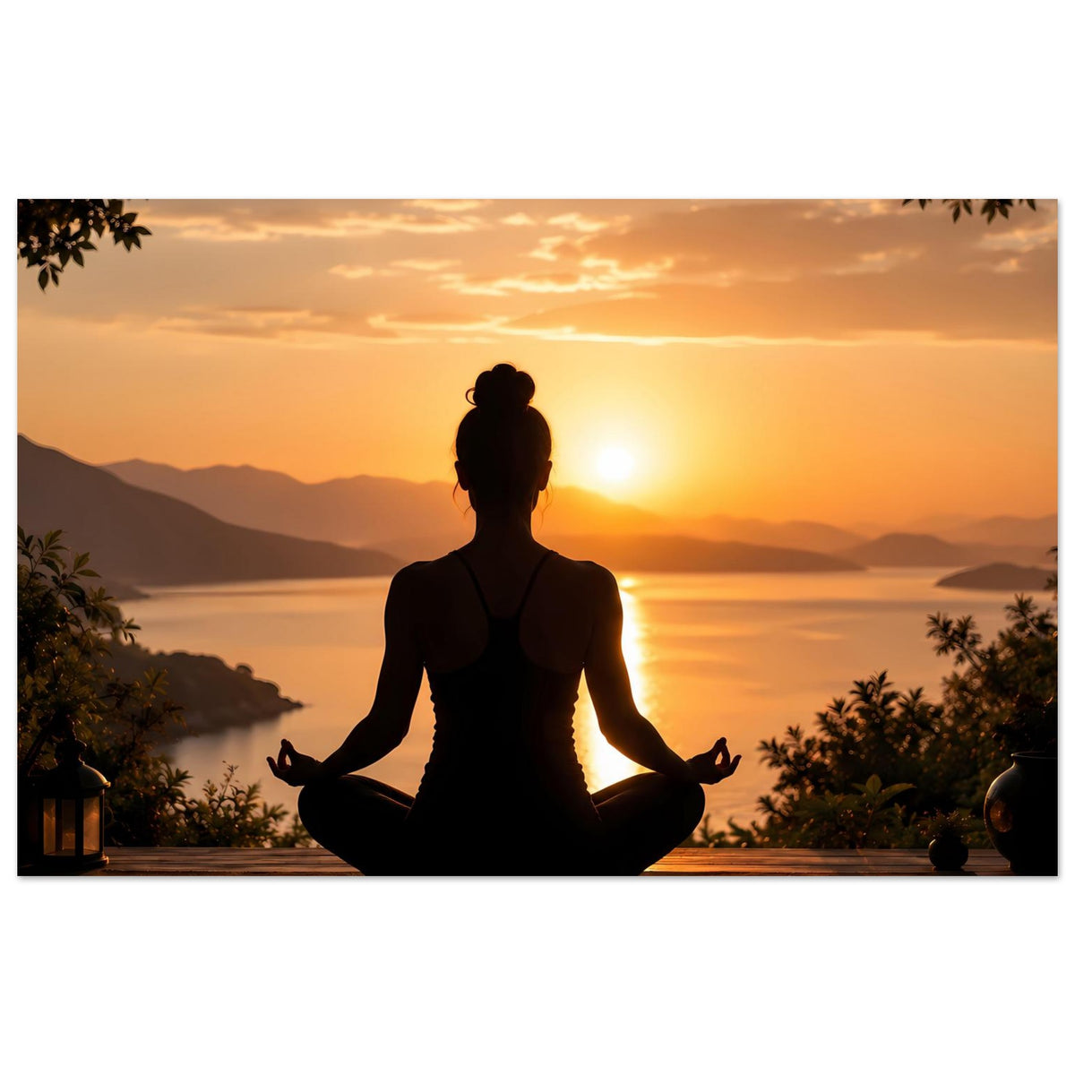 Meditationsposter: sitzende Silhouette beim Meditieren vor Sonnenuntergang