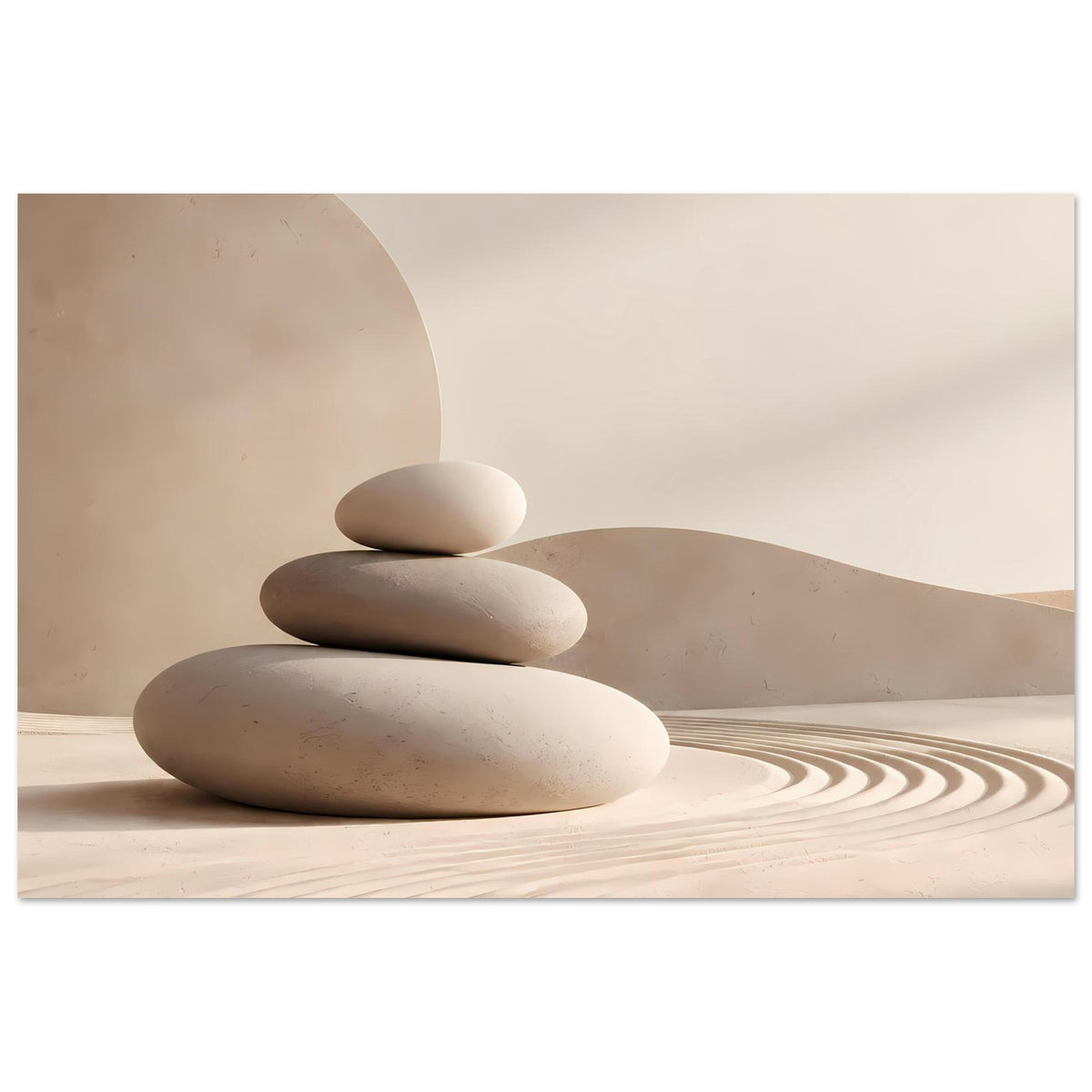Minimalistisches Poster: Stapel grauer Steine auf Sand mit gleichmäßigen Wellen