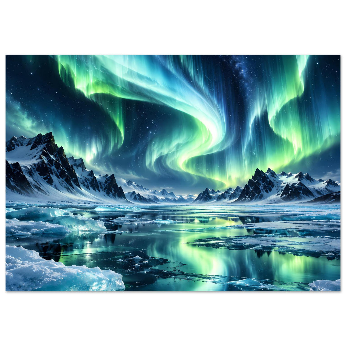 Horizontales Poster mit Nordlichtern, verschneiten Bergen und Eissee-Spiegelungen