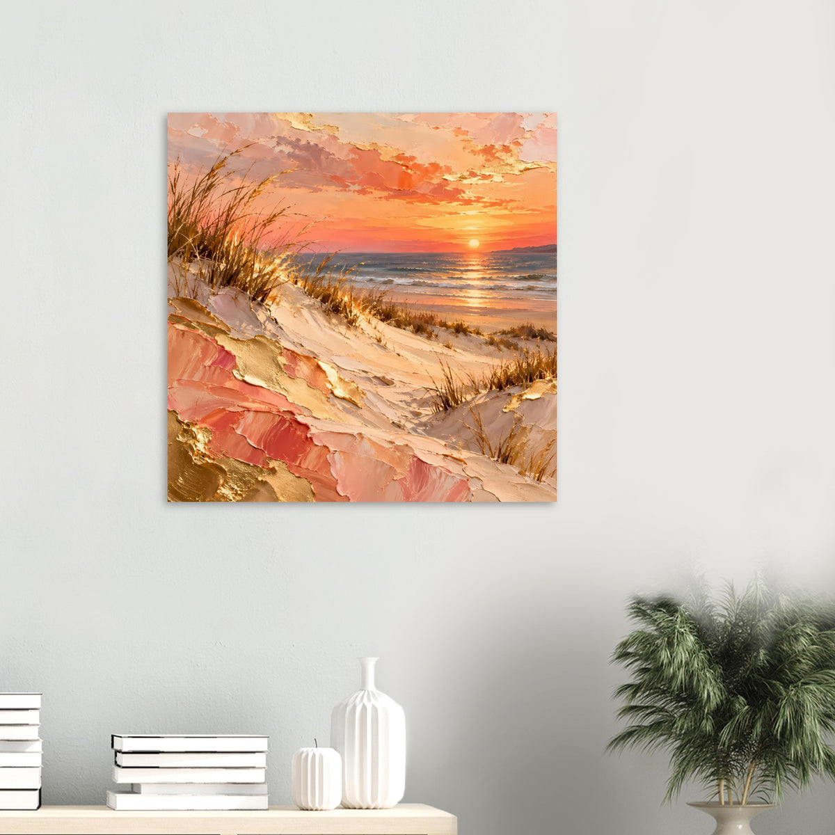 Kleines Meerposter im Querformat: Stranddünen mit goldenen Akzenten und Sonnenuntergang