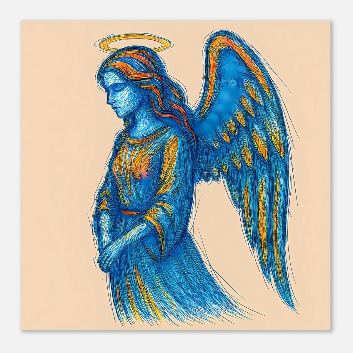 Poster mit blauem Engel im Federkleid, goldener Heiligenschein und große Flügel