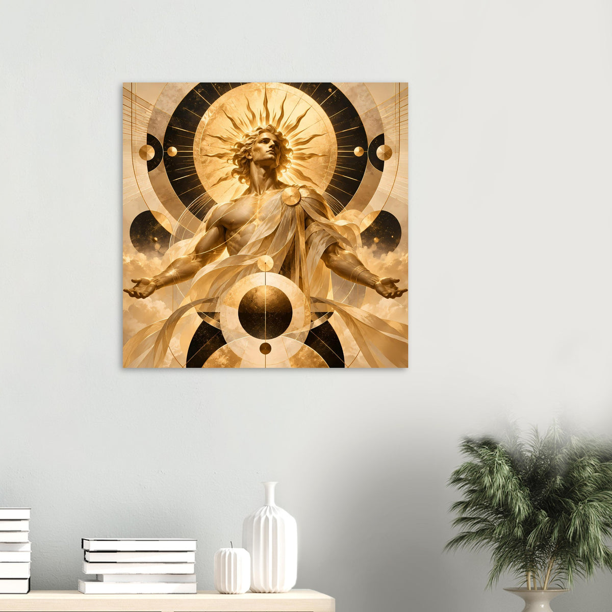 Quadratisches Poster mit goldener Engel-Darstellung, Strahlenkranz und geometrischen Kreislinien