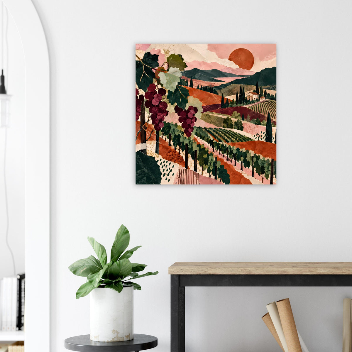 Weinreben-Landschaftsposter mit Traubenranken, Weinbergen und rotem Kreis am Himmel