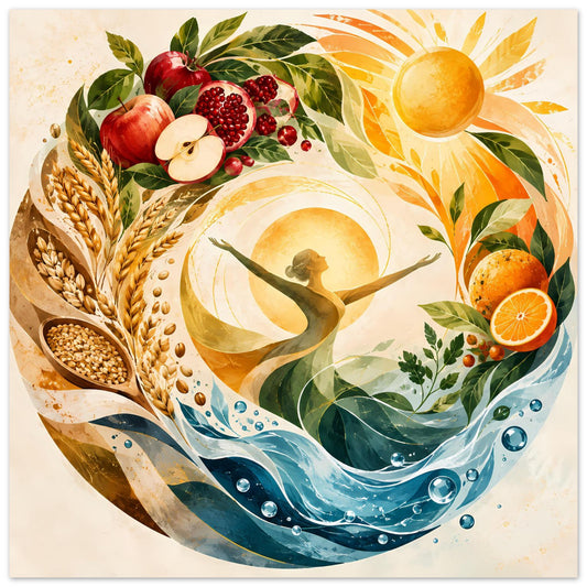 Poster mit Sonne, Wellen und Erntemotiven: Früchte, Ähren, Blätter und Frauensilhouette