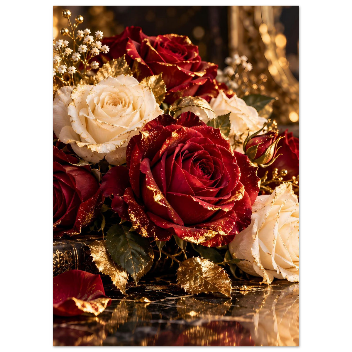 Poster mit Rosenstrauß: cremeweiße Rosen, bordeauxrote Rosen und goldene Sprenkel