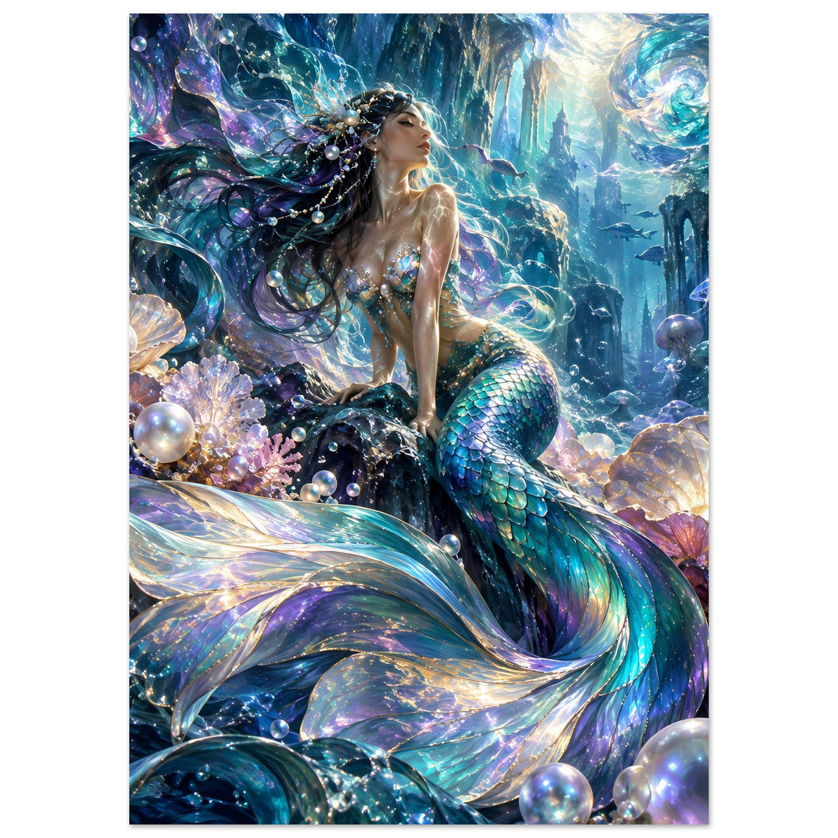 Fantasy-Poster mit Meerjungfrau, türkis-grünem Schuppenfischschwanz, bunter Unterwasser-Deko