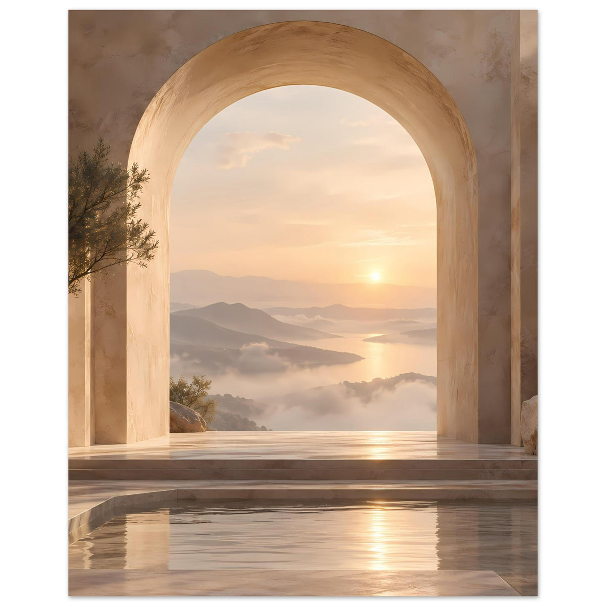 Wandposter mit Rundbogen aus hellem Stein, Sonnenaufgang über Hügeln, Nebel und Wasserfläche
