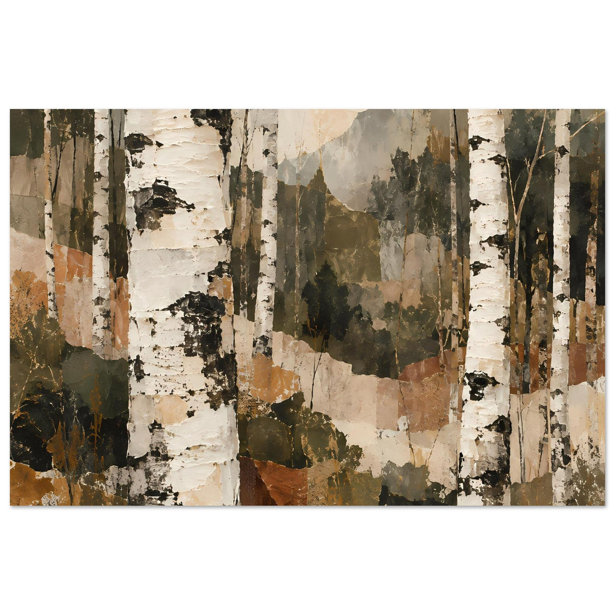 Kunstposter Birkenwald, horizontal, kontrastreiche Baumstämme in Weiß, Schwarz und Ocker
