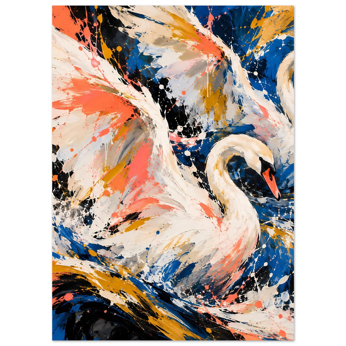 Kunstposter mit zwei Schwänen, weiße Flügel mit Farbverläufen in Blau und Koralle
