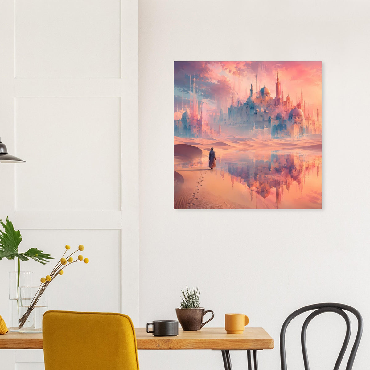 Poster mit orientalischer Burg, Sanddünen und Spiegelbild im rosafarbenen Himmel
