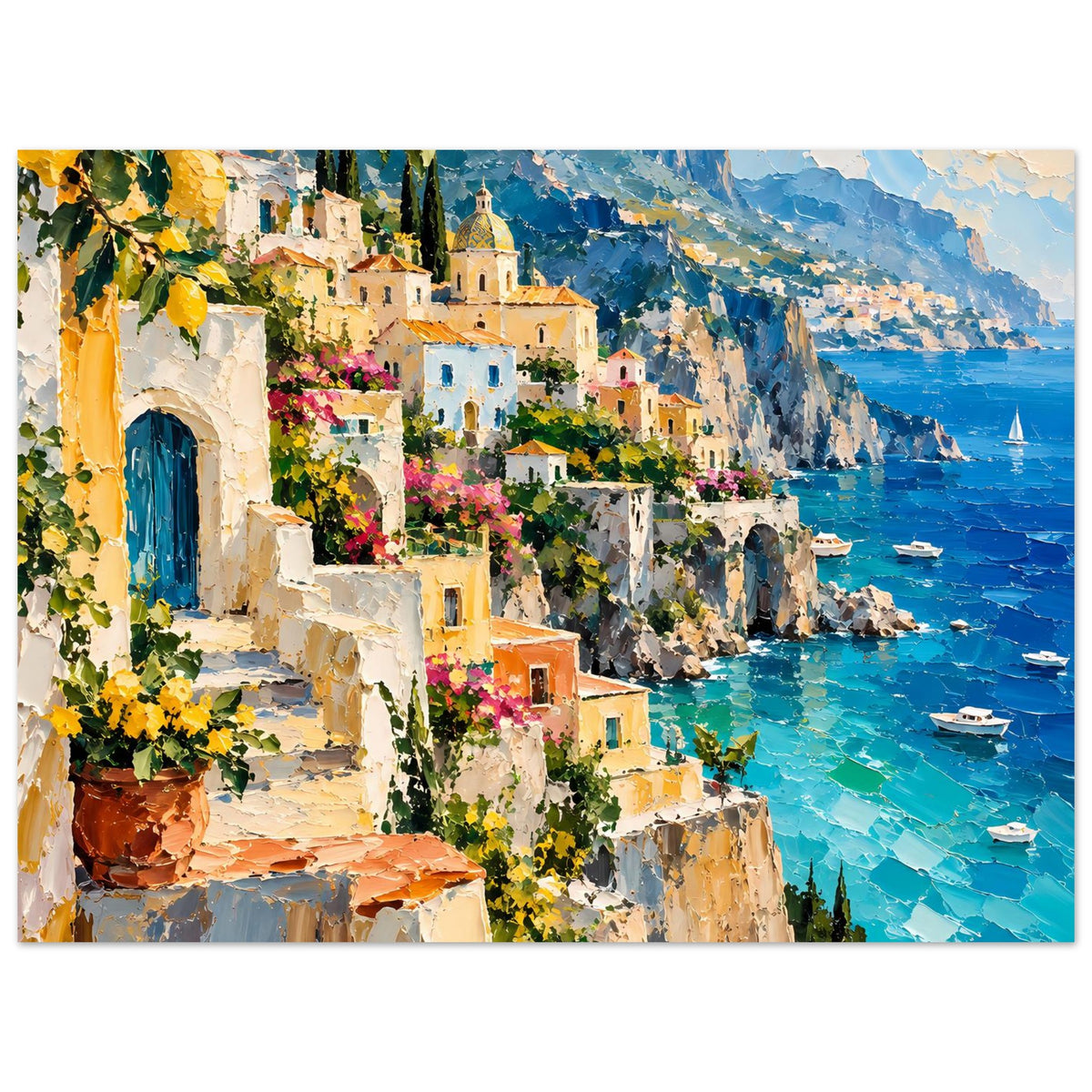 Poster mit mediterraner Küstenansicht, Häusern mit Blumen und türkisfarbenem Meer