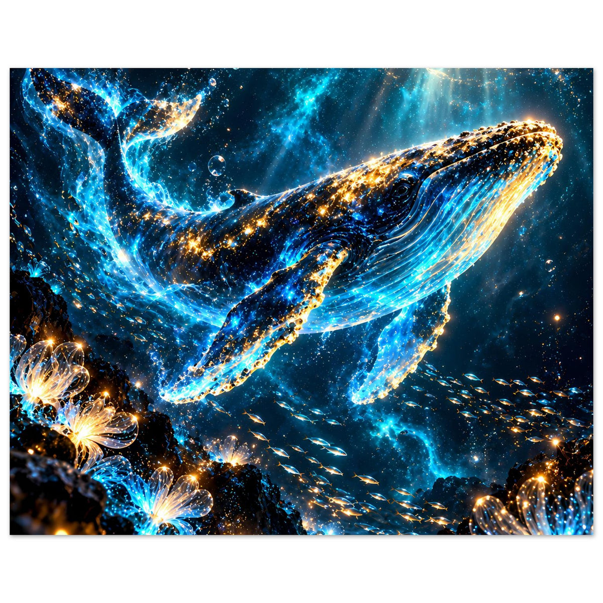Walmeer-Poster mit Walen im Weltraum-Look, funkelnde blaue und goldene Lichtpunkte