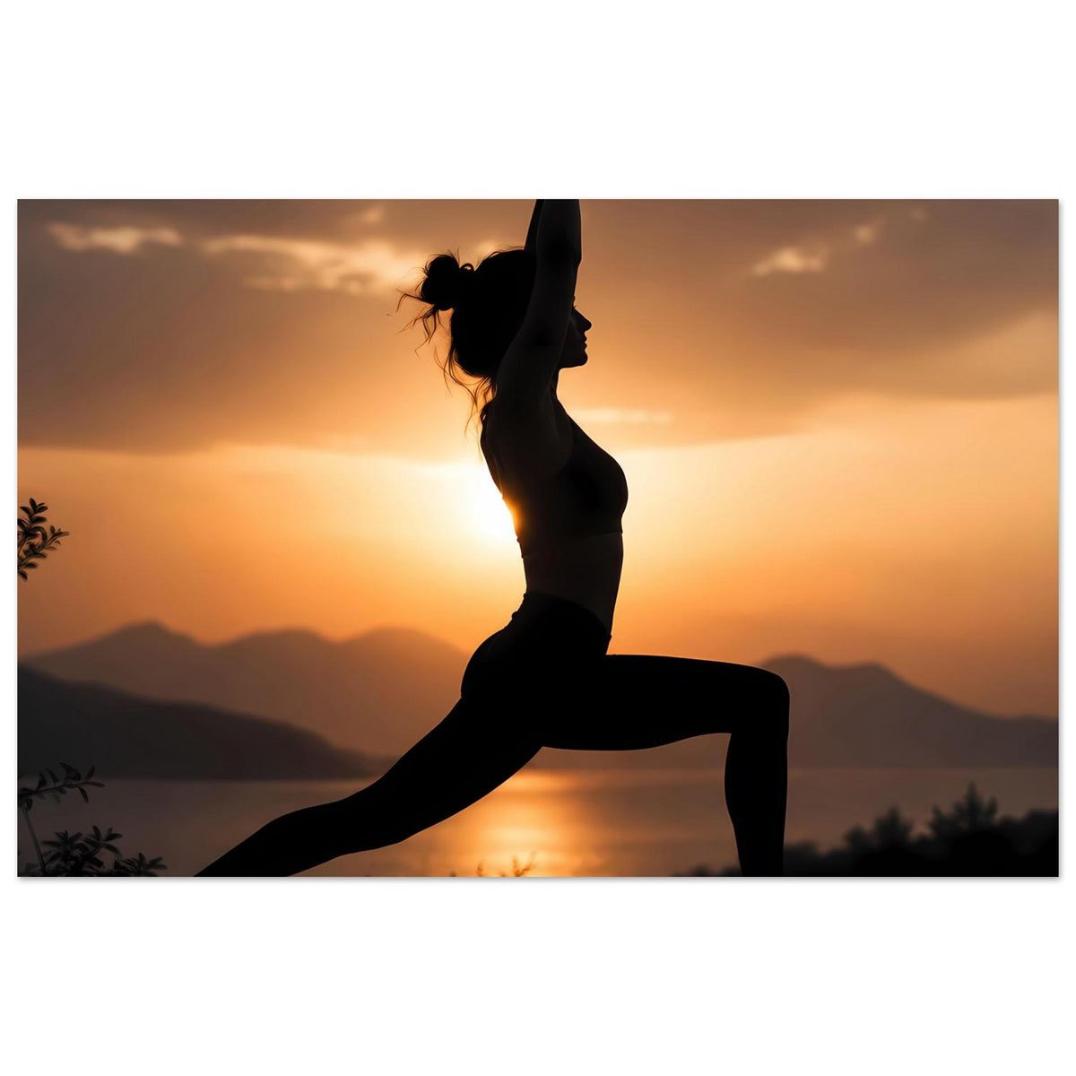 Yoga-Poster: Silhouette einer Frau im Ausfallschritt mit langem nach hinten gestrecktem Bein