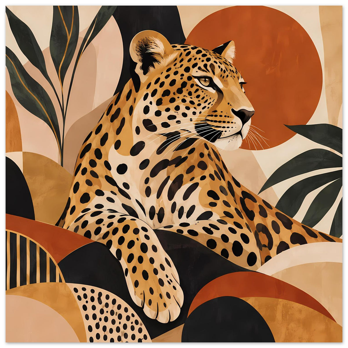 Leoparden-Tierposter mit Leopardenkopf und Pfote vorn, Erdtöne und Punktmuster