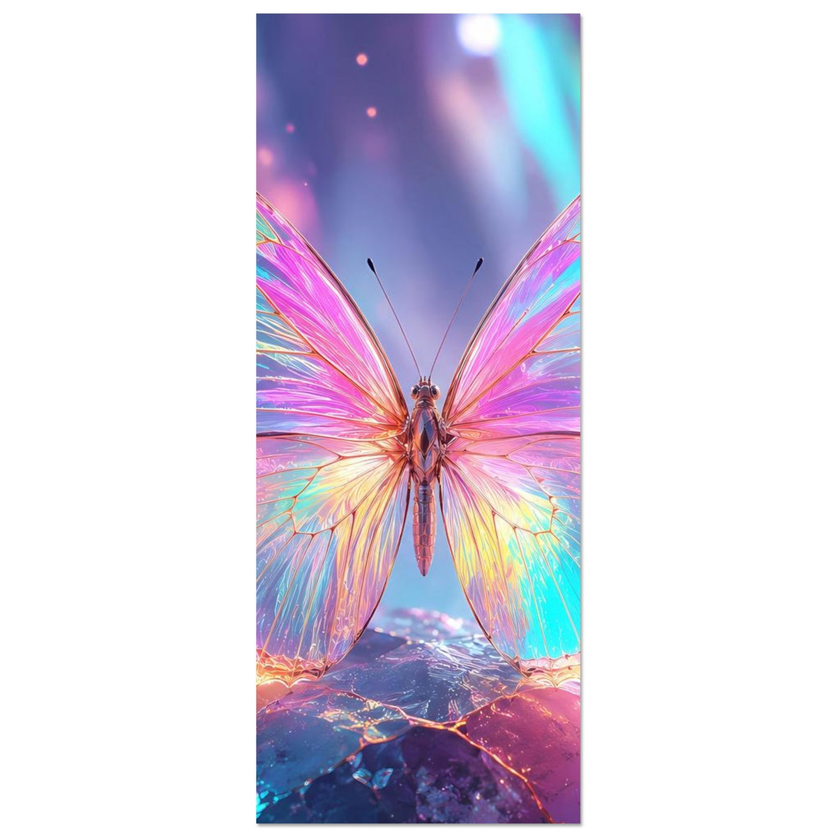 Schmales Fantasy-Poster: zentrierter Schmetterling mit regenbogenfarbenen, schillernden Flügeln