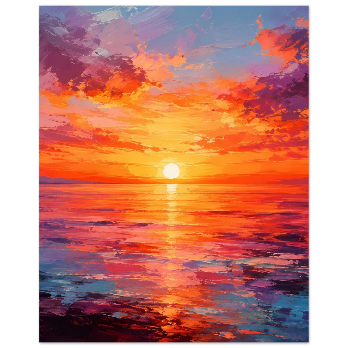 Poster mit Meeresspiegelung bei Sonnenuntergang, orangegelbe Sonne, violette Wolken