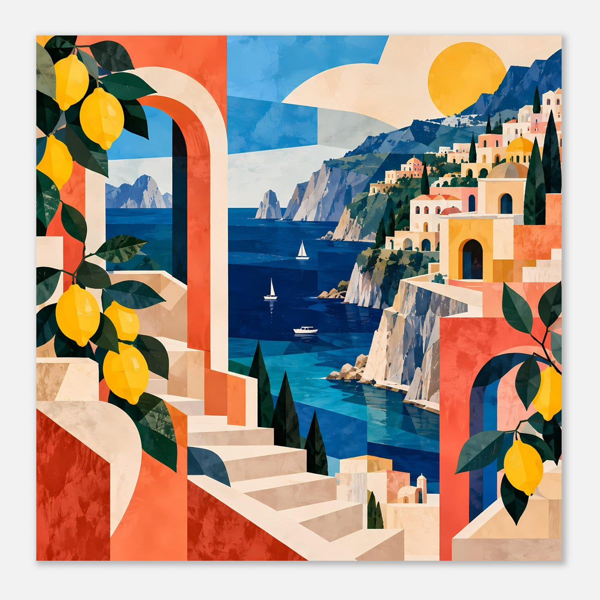 Küsten-Poster mit Meer und Küstenhäusern, Sonne, Zitronenzweigen und bunten Bögen