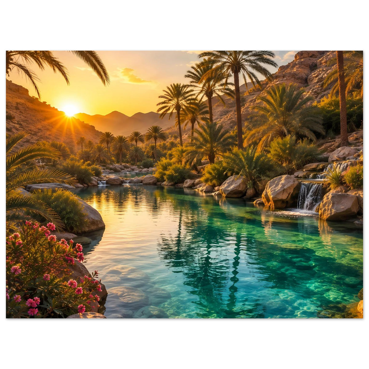 Poster mit tropischer Flusslandschaft: Palmen, Wasserfall und türkisfarbenes Wasser im Sonnenuntergang