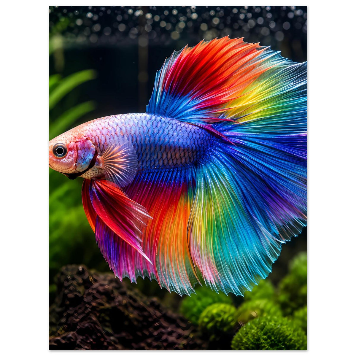 Poster im Hochformat mit Regenbogen-Bettafisch, seitliche Ansicht, farbiger Flossenschwanz.