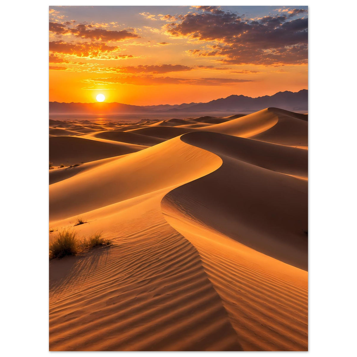 Poster mit Wüstenlandschaft und Sanddünen, tiefes Orange-Licht im Sonnenuntergang