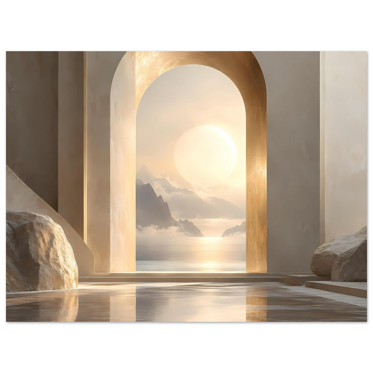 Wandposter im Querformat: goldener Bogen, Sonnenaufgang über Wasser und Berge