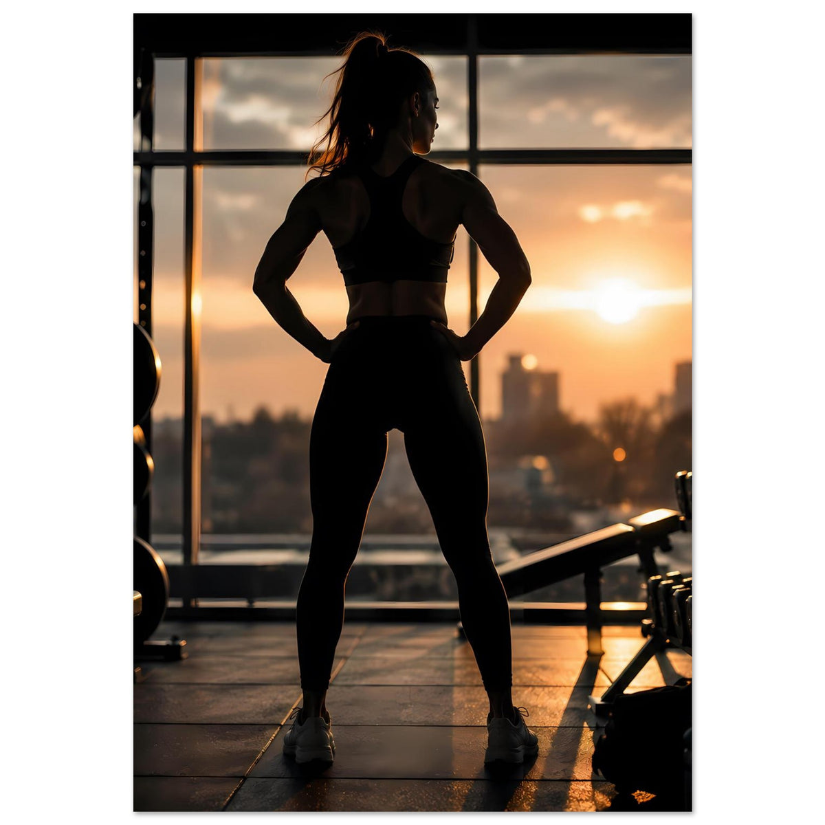 Fitness-Poster mit Ganzkörper-Silhouette einer Sportlerin im Stand, Hände an die Hüfte