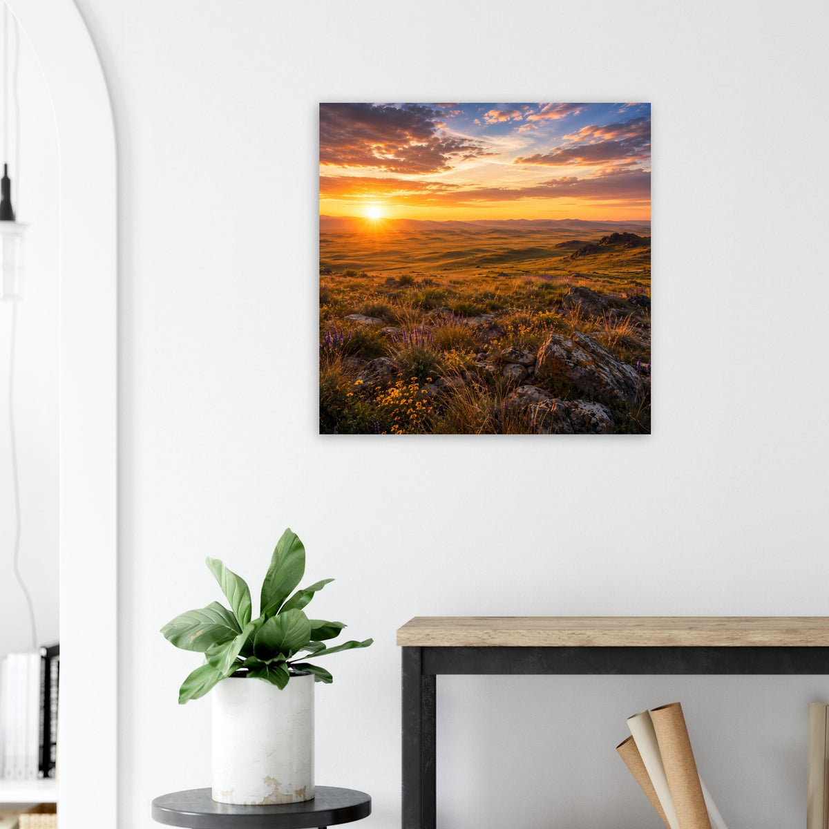 Quadratisches Naturposter mit tief stehender Sonne über Landschaft, schwarzer Rahmen
