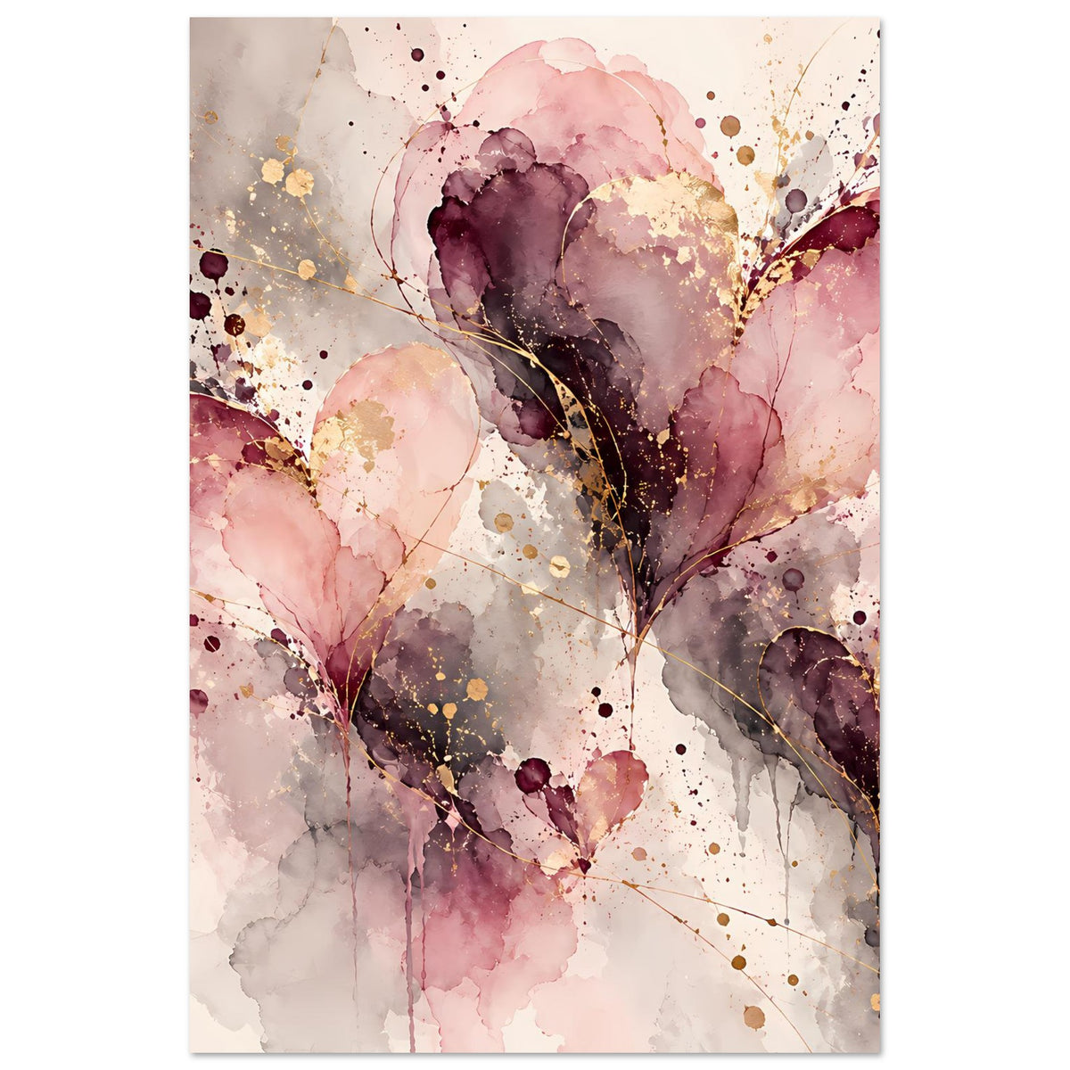 Quadratisches Poster mit Herz-Cluster in Rosa, Violett, Grau und goldenen Sprenkeln