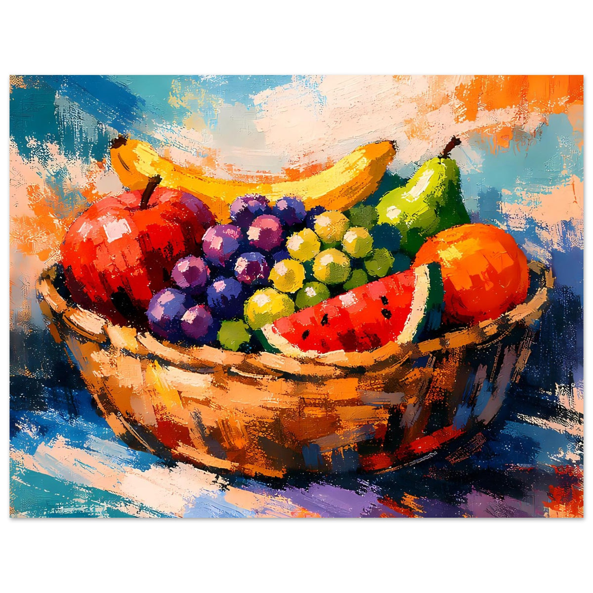 Horizontales Poster, Gemälde eines Früchtekorbs: Obstmix mit Melonenstück und Trauben