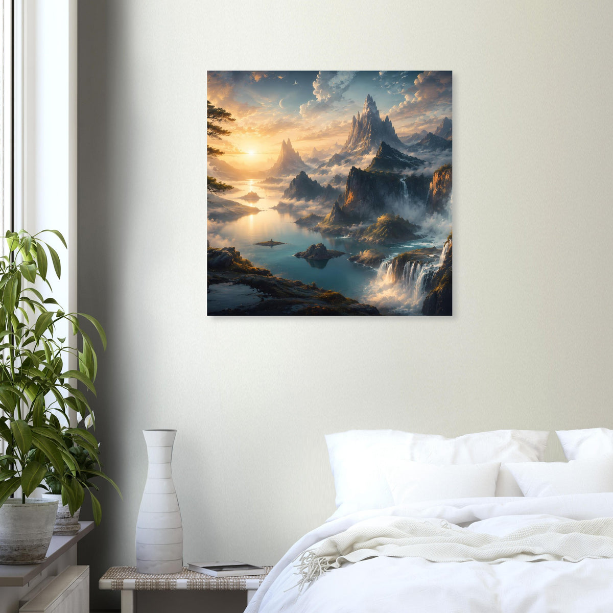 Quadratisches Poster mit Bergkulisse, Wasserfallstrom und warmem Sonnenaufgang