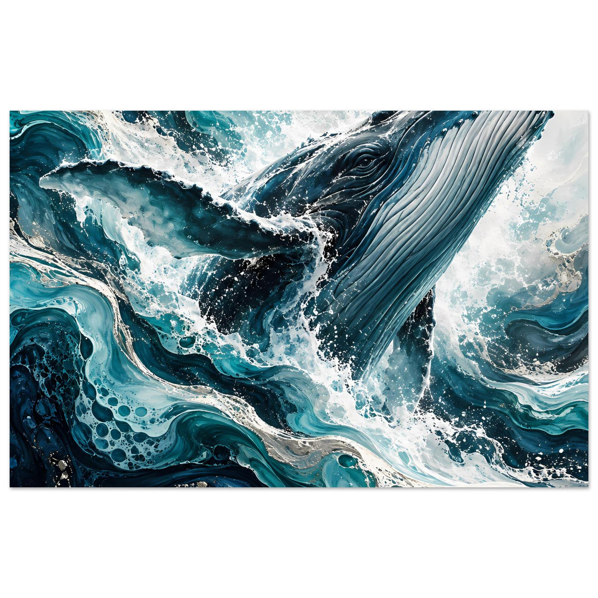 Ozean-Kunstposter mit Wal und großen Meereswellen in Blau, Türkis und Weiß