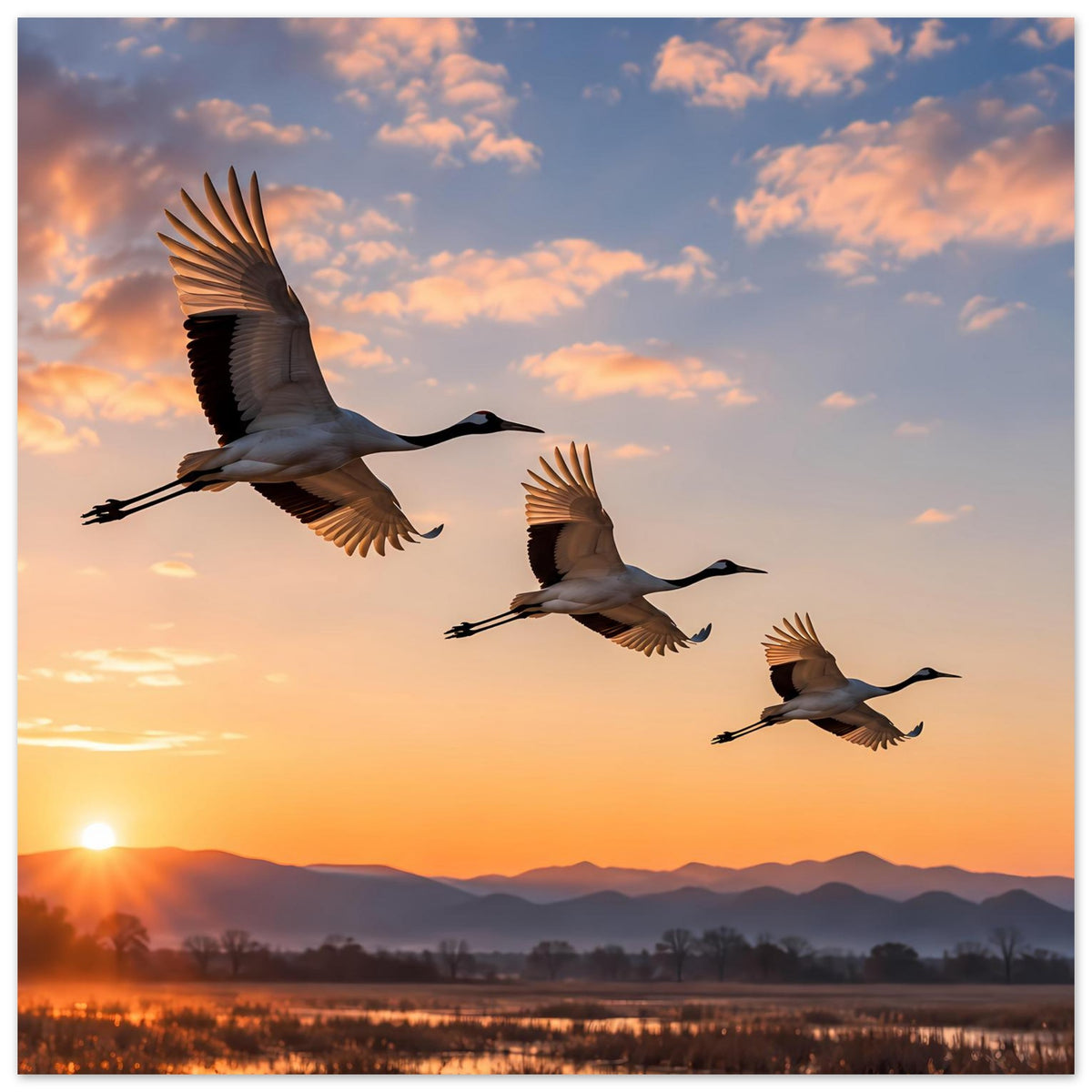 Poster mit drei fliegenden Kranichen im Abendlicht, Querformat