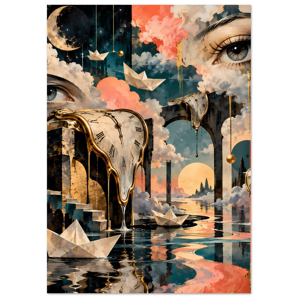 Surreales Kunstposter, vertikal: schmelzende Uhr, Frauenauge, Wolken und rötlich-orange Farbflächen