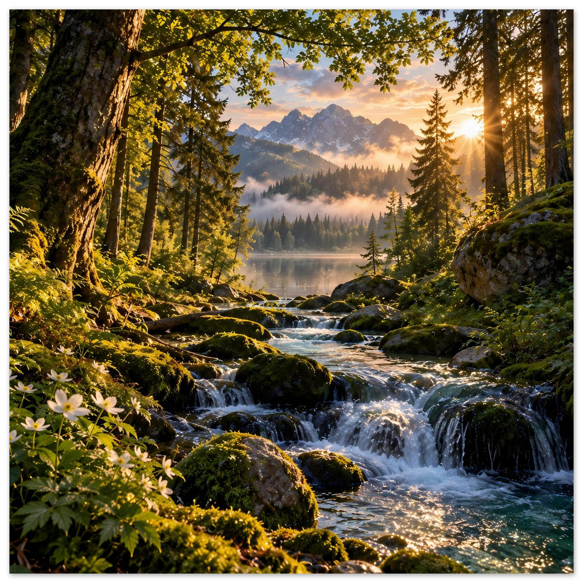 Wasserfall-Waldposter mit Wasserfall und Bach, moosige Steine, Blüten am Rand und Sonnenlicht.