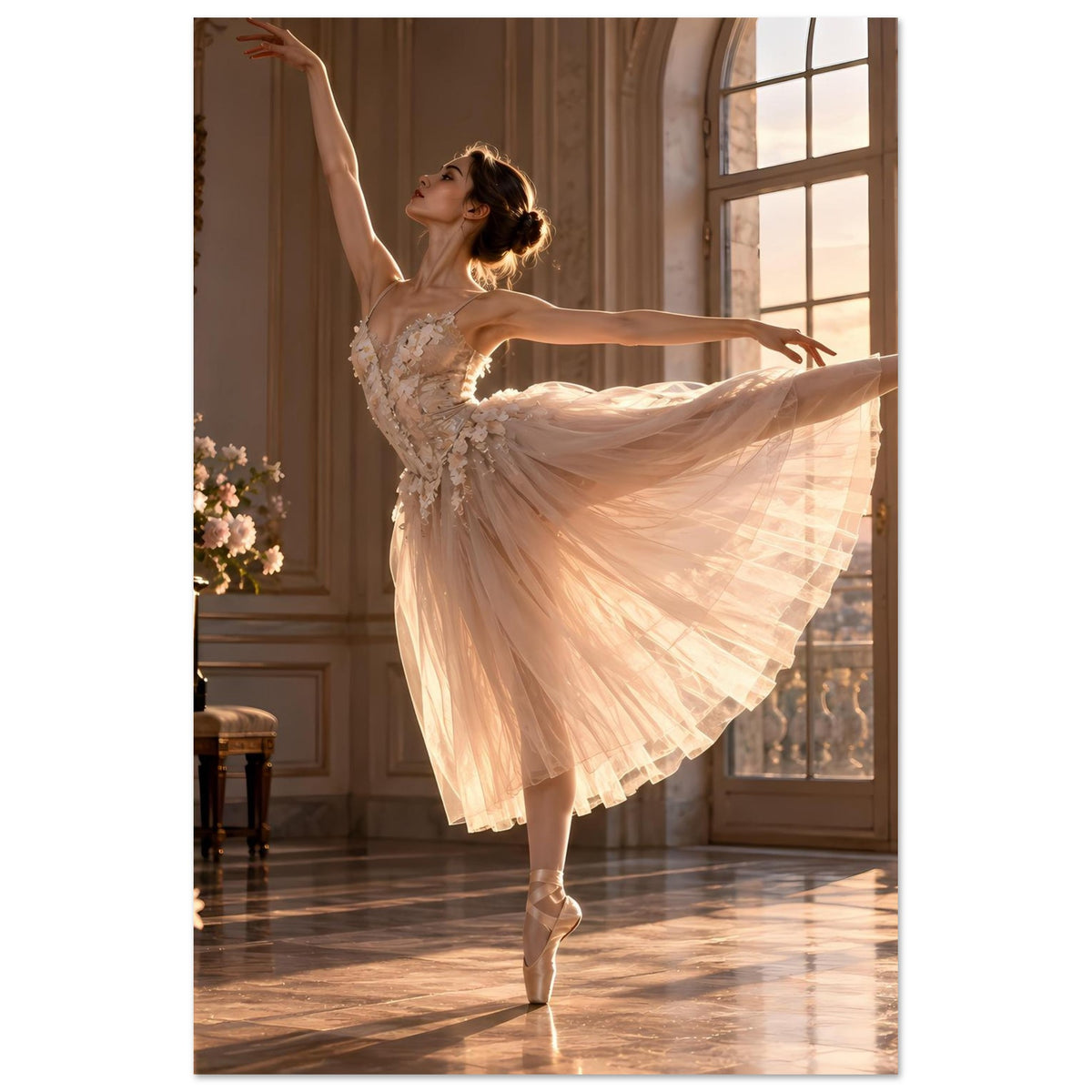 Ballett-Poster mit Ballerina im feinen Spitzenkleid, weit ausladender Tüllrock, aufrechter Stand
