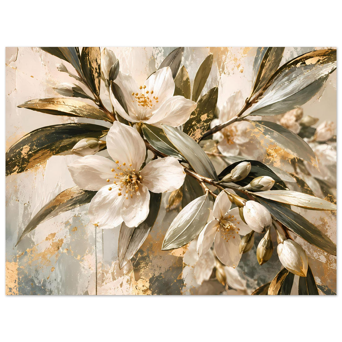 Wandbild mit weißen Blüten, grünen Blättern und goldenen Linien, Querformat