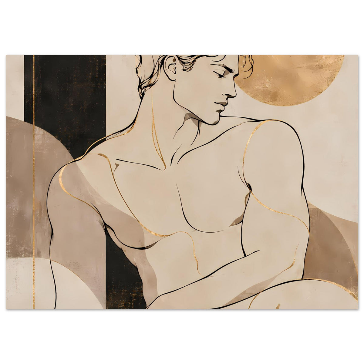 Kunstdruck mit Aktfigur, warmes Braun-Schwarz und Beige, goldene Details am Rand