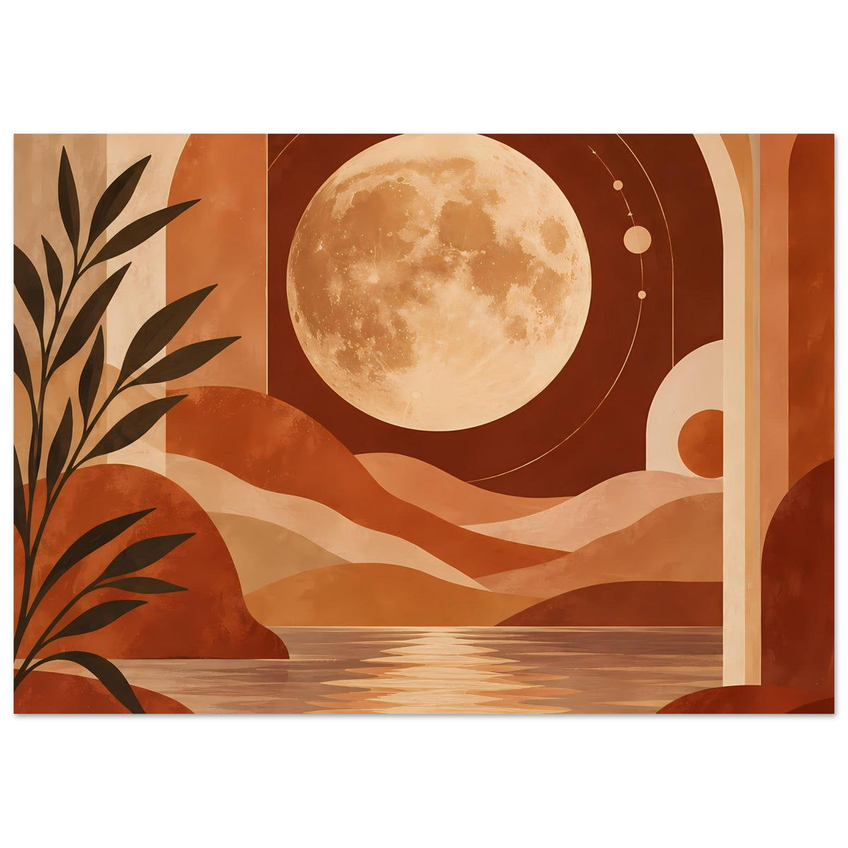 Boho-Poster mit Vollmond, Palmen am Rand, Dünenlandschaft und ruhiger Wasserfläche in Terrakotta