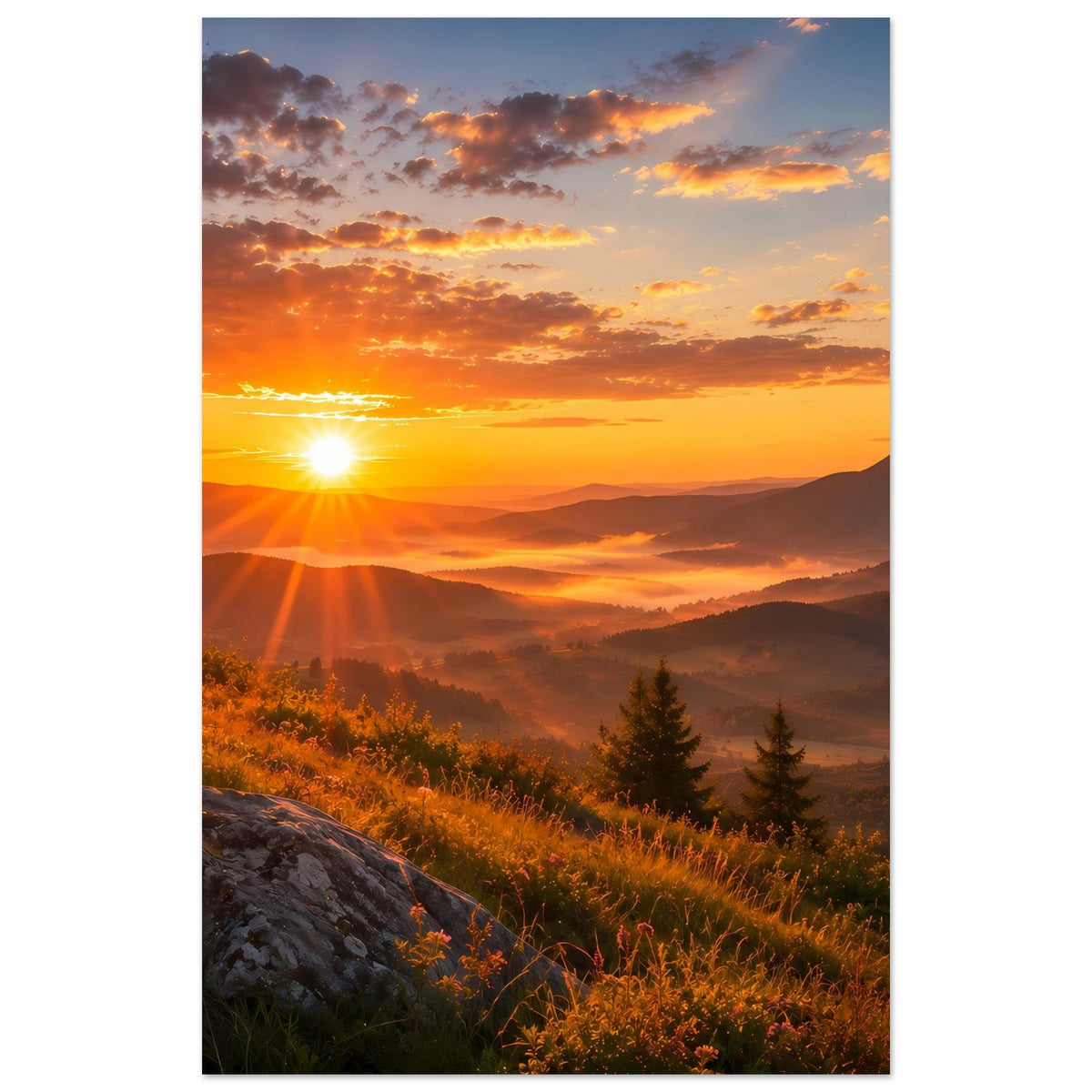 Vertikales Sonnenuntergangs-Poster mit Bergen, Sonnenstrahlen und Tannen, gerahmt