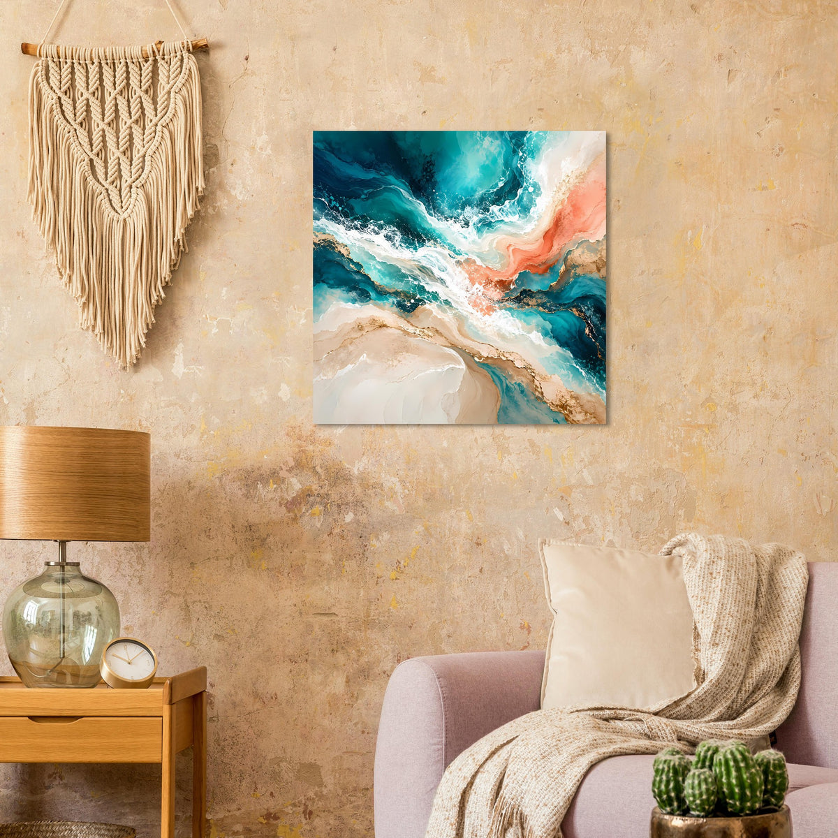 Abstraktes Kunstposter mit türkis-blauen und korallenroten Wellen, quadratisch