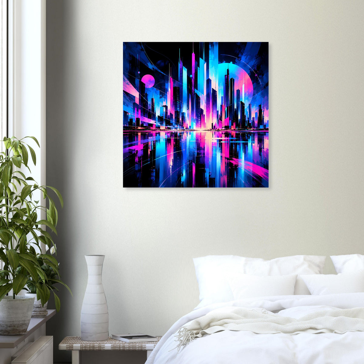 Quadratisches Poster: futuristische Neon-Skyline in Blau und Pink mit spiegelnder Wasserfläche