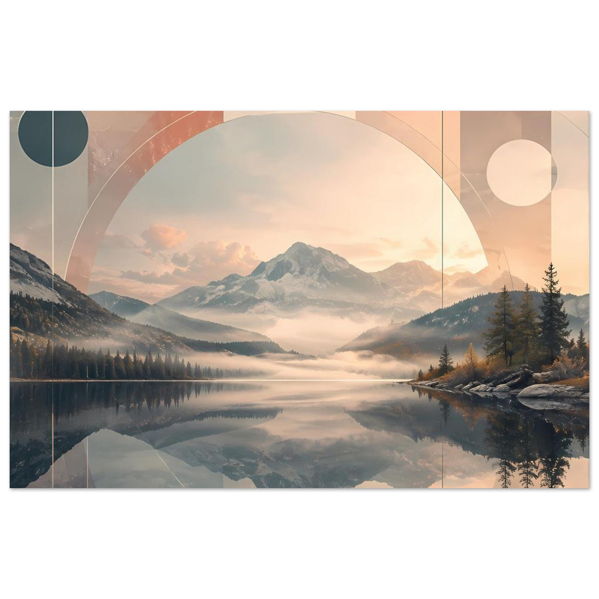 Abstraktes Bergsee-Poster mit geometrischer Landschaft in sanften Tönen